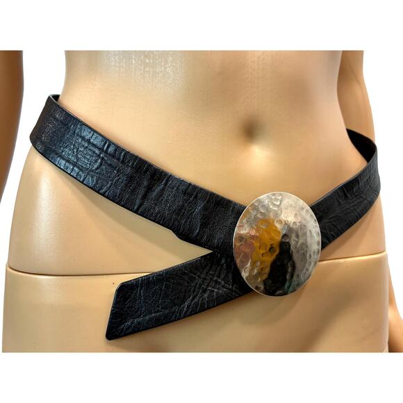 Vintage Thierry Mugler Black Leather Belt Hammered Silver Disc Buckle M main image 10